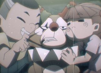Anime Review: Ahu saves TO BE HERO X to be hero x ahu header. ahu, a small brown dog wearing a clown outfit, is scowling while held by various small smiling children.
