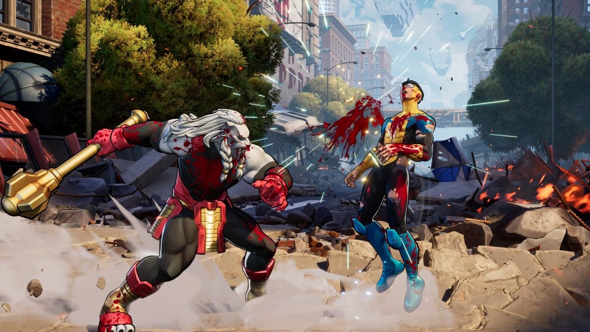 Battle Beast hitting Invincible with his club in the upcoming fighting game Invincible VS