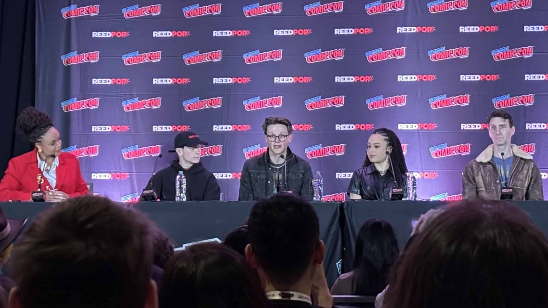 Moderator Kaisha Huguley and panelists Louis McCartney, Burke Swanson, Gabrielle Nevaeh, and Alex Breaux at the “Stranger Things: The First Shadow - Bringing Iconic Characters & the World of the Upside Down to Life on Stage” panel at NYCC ‘25.