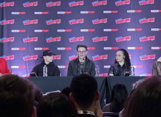 NYCC ’25: Stranger Things: The First Shadow cast brings The Upside Down to the Javits Center Moderator Kaisha Huguley and panelists Louis McCartney, Burke Swanson, Gabrielle Nevaeh, and Alex Breaux at the “Stranger Things: The First Shadow - Bringing Iconic Characters & the World of the Upside Down to Life on Stage” panel at NYCC ‘25.