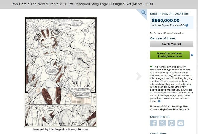 page 14 art from The New Mutants #98 (1991) by Rob Liefeld, which sold for $960,000