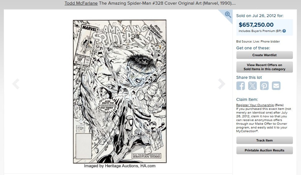 The Amazing Spider-Man #328 Cover Original Art (1990), which sold for $657,250