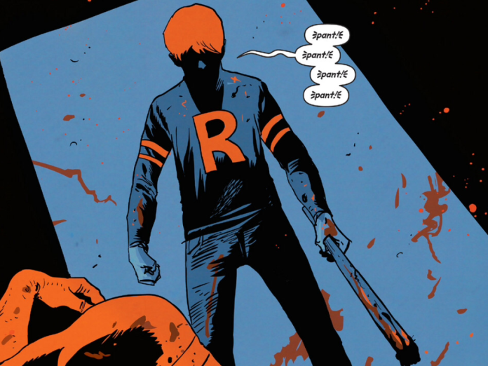 afterlife-again Archie stands over a zombie corpse, blood spattered on his hands, shirt, and baseball bat, breathing heavily.