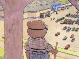 Beneath the Trees Where Nobody Sees: Rite of Spring #3 cover, featuring Samantha standing atop a hill, holding a shovel and wearing her goggles. At the foot of the hill is a big box store.