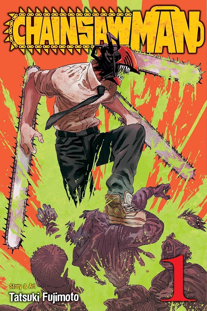 chainsaw man cover. chainsaw man, a humanoid monster with a chainsaw on his head and two arms, stands on a pile of corpses bursting into green blood.