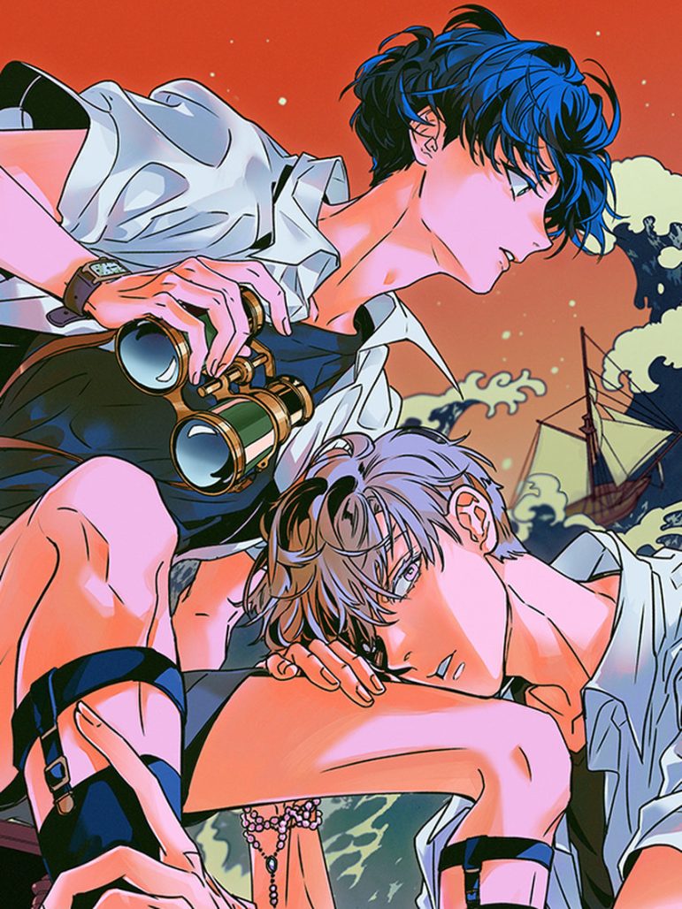 count tachibana image. a boy with blue hair holds a pair of binoculars against a tsunami background. another boy with brown hair rests his head on the previous boy's leg. the brown-haired boy is wearing a beaded bracelet.