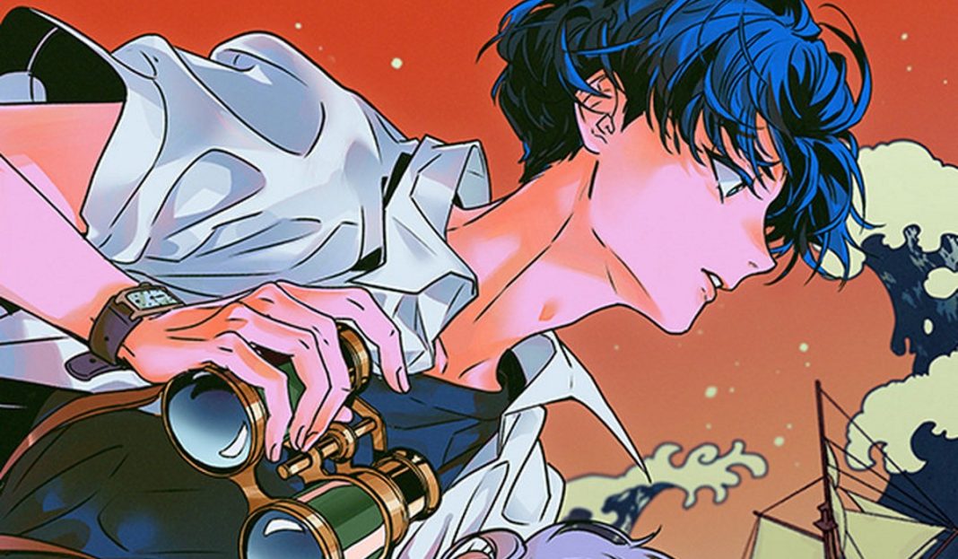 count tachibana featured image. a boy with blue hair holds a pair of binoculars. waves can be seen behind him.