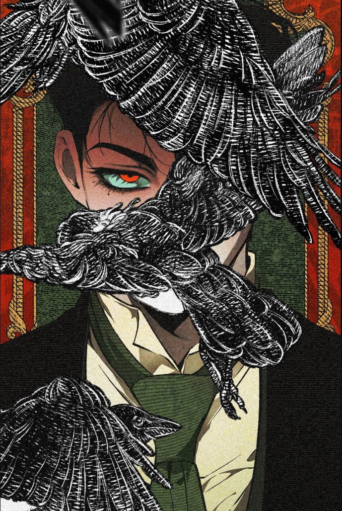 in the house of the damned image. the face of a man wearing a suit and green tie is shrouded by black winged crows.