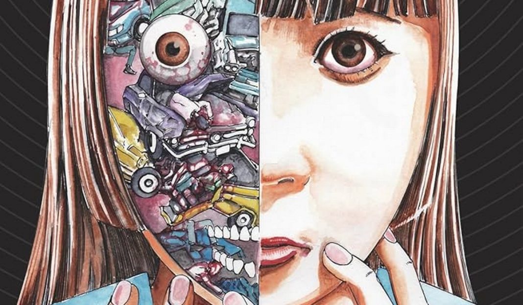 kago header shintaro kago header. a cross-section of a woman's face revealing wires and gears underneath.