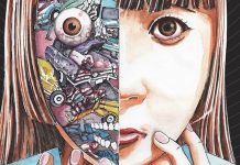 Beat’s Bizarre Halloventure: BRAIN DAMAGE parasite shintaro kago header. a cross-section of a woman's face revealing wires and gears underneath.