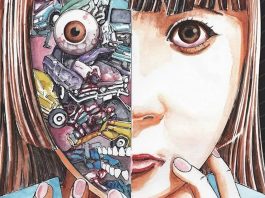 Beat’s Bizarre Halloventure: BRAIN DAMAGE parasite shintaro kago header. a cross-section of a woman's face revealing wires and gears underneath.