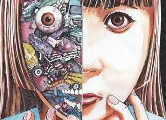 Beat’s Bizarre Halloventure: BRAIN DAMAGE parasite shintaro kago header. a cross-section of a woman's face revealing wires and gears underneath.