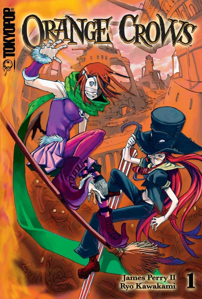 orange crows cover. two witches, one with a green scarf riding a broom and the other with a black top hat wielding an umbrella, pose against an orange ruin.