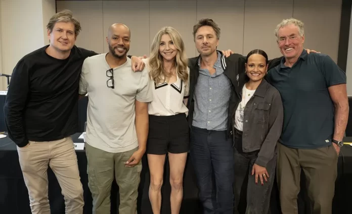 scrubs revival The cast of Scrubs stand together outside of the first 2025 table read.