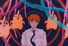 CHAINSAW MAN – THE MOVIE: REZE ARC’s opening and theme is OUT NOW! Denji seeming disillusioned as he is surrounded by four dancing Pochitas in a colorful mindscape in this promo frame from the upcoming CHAINSAW MAN MOVIE.