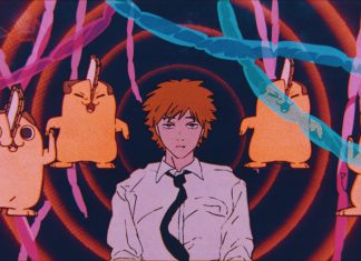 CHAINSAW MAN – THE MOVIE: REZE ARC’s opening and theme is OUT NOW! Denji seeming disillusioned as he is surrounded by four dancing Pochitas in a colorful mindscape in this promo frame from the upcoming CHAINSAW MAN MOVIE.