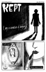 A woman puts on lipstick and a something casts a shadow