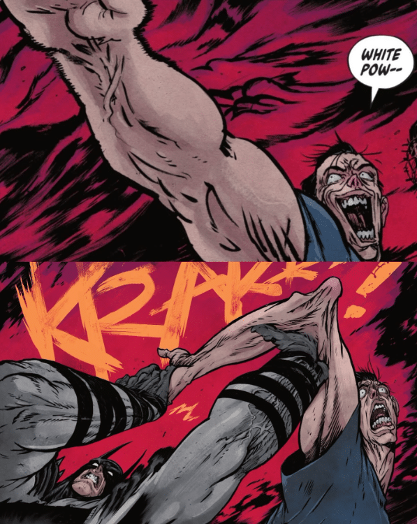 Batman breaks the arm of a white man doing a Roman salute and saying "White pow--." From Absolute Batman Annual