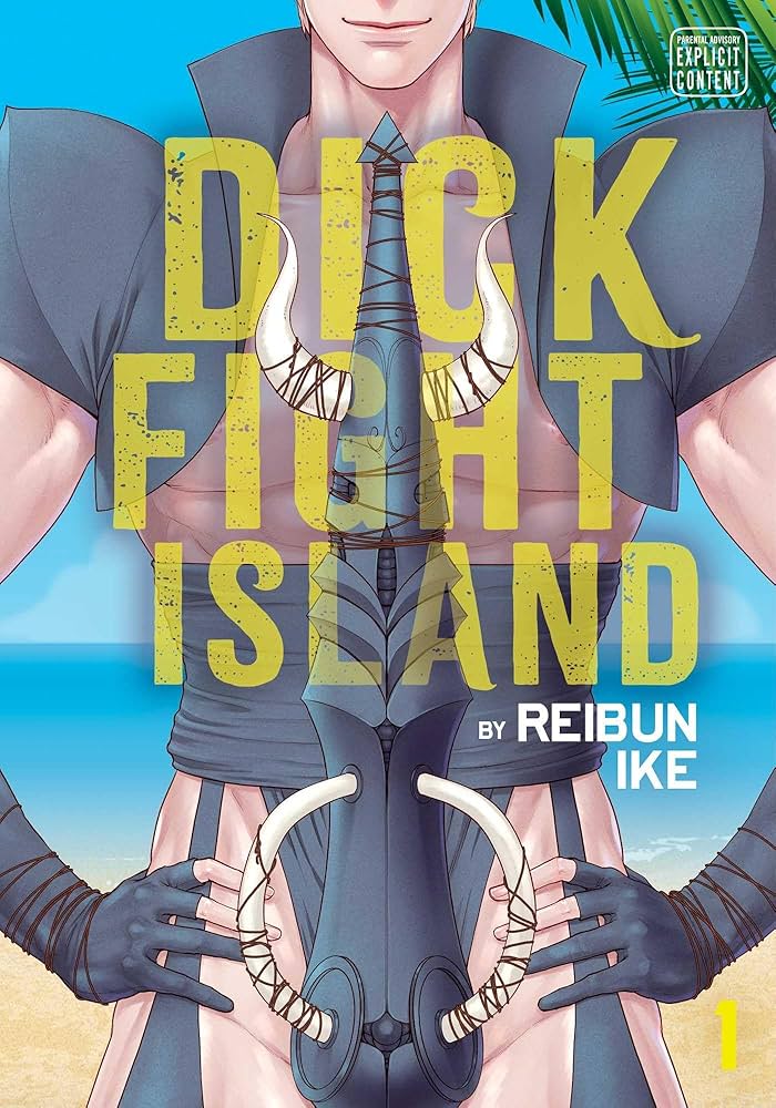 dick fight island cover. a proud man stands on a beach with giant phallic armor covering his penis. the armor has large horns and handles.