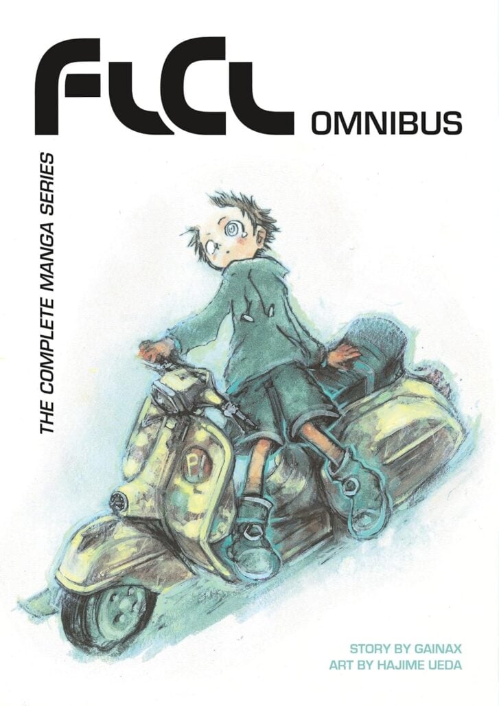 flcl omnibus cover. a young boy poses with a vespa.