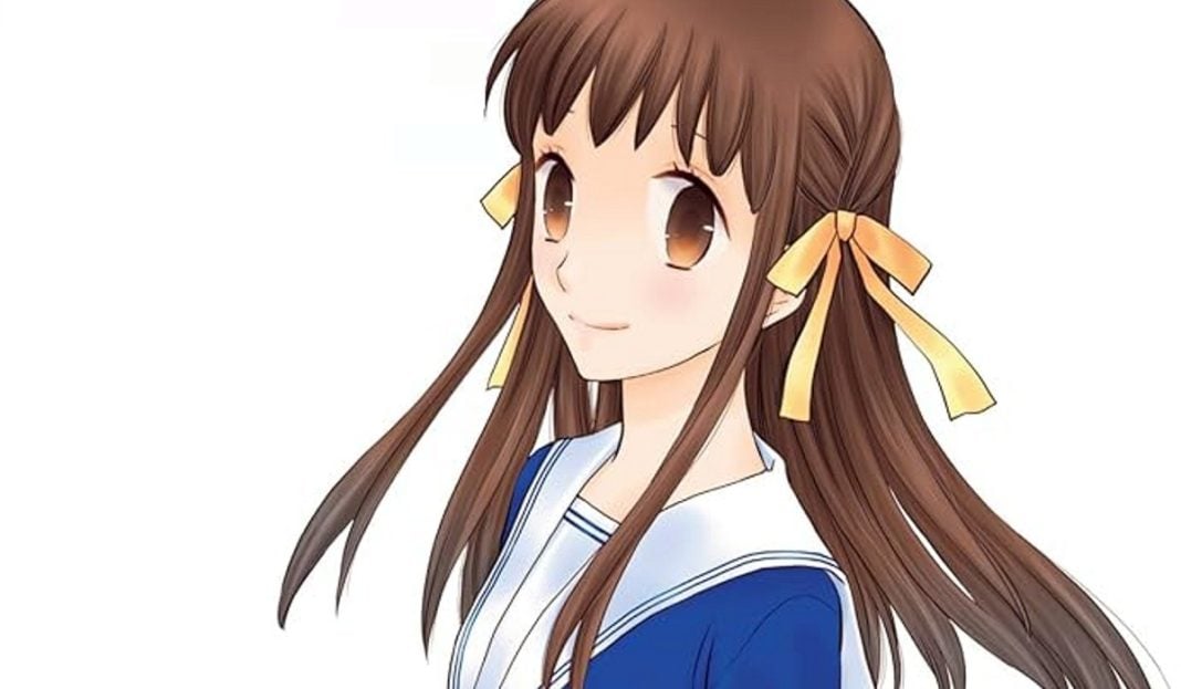 fruits basket cover. a teenage girl wearing a blue and white high school uniform.