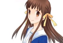 Beat’s Bizarre Adventure: FRUITS BASKET is a classic fruits basket cover. a teenage girl wearing a blue and white high school uniform.