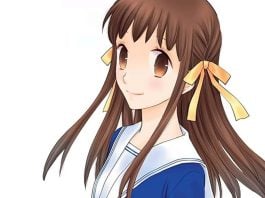 Beat’s Bizarre Adventure: FRUITS BASKET is a classic fruits basket cover. a teenage girl wearing a blue and white high school uniform.