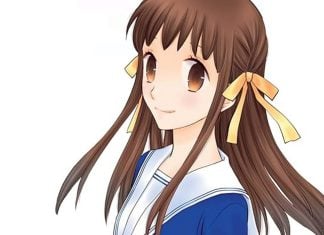 Beat’s Bizarre Adventure: FRUITS BASKET is a classic fruits basket cover. a teenage girl wearing a blue and white high school uniform.