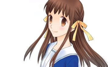 Beat’s Bizarre Adventure: FRUITS BASKET is a classic fruits basket cover. a teenage girl wearing a blue and white high school uniform.