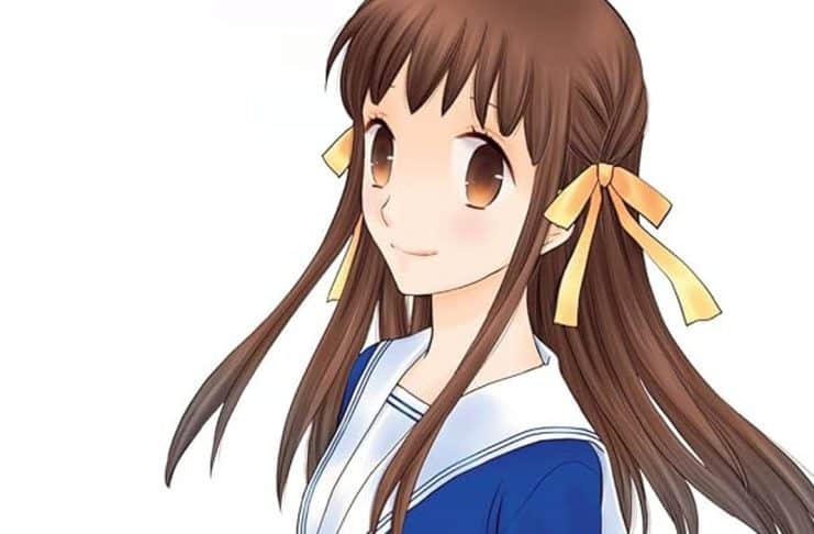 fruits basket cover. a teenage girl wearing a blue and white high school uniform.