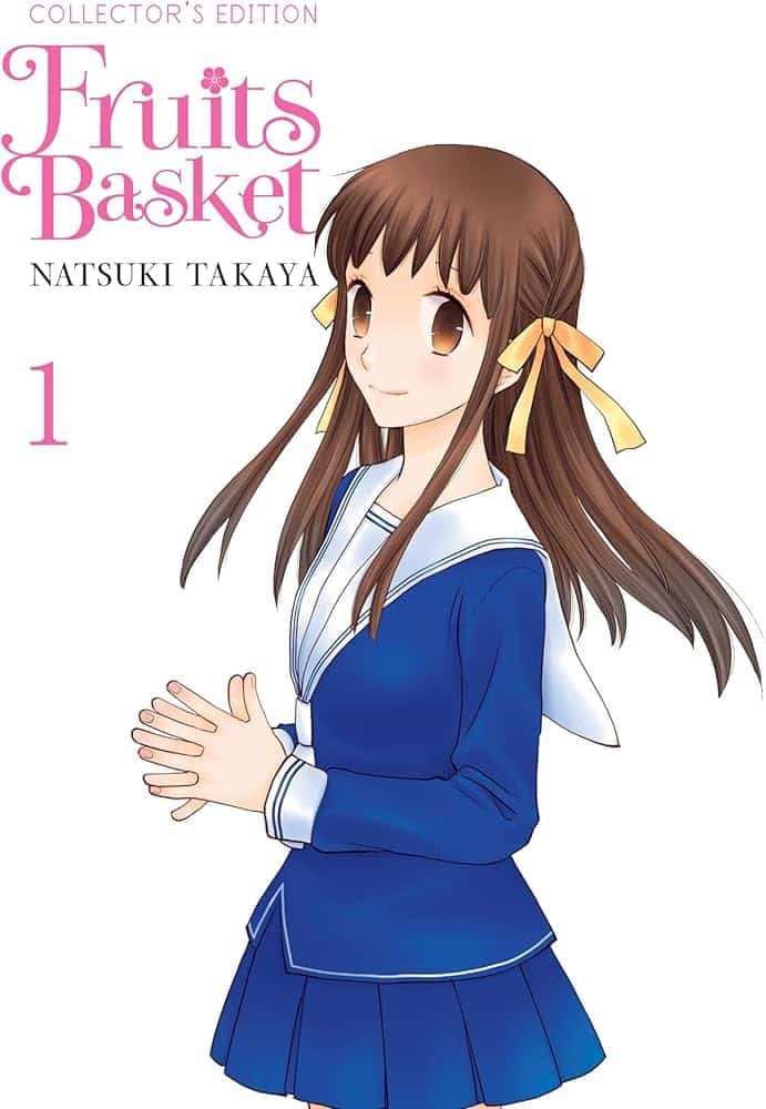 fruits basket cover. a teenage girl wearing a blue and white high school uniform touches her fingers together. she has yellow ribbons in her hair.