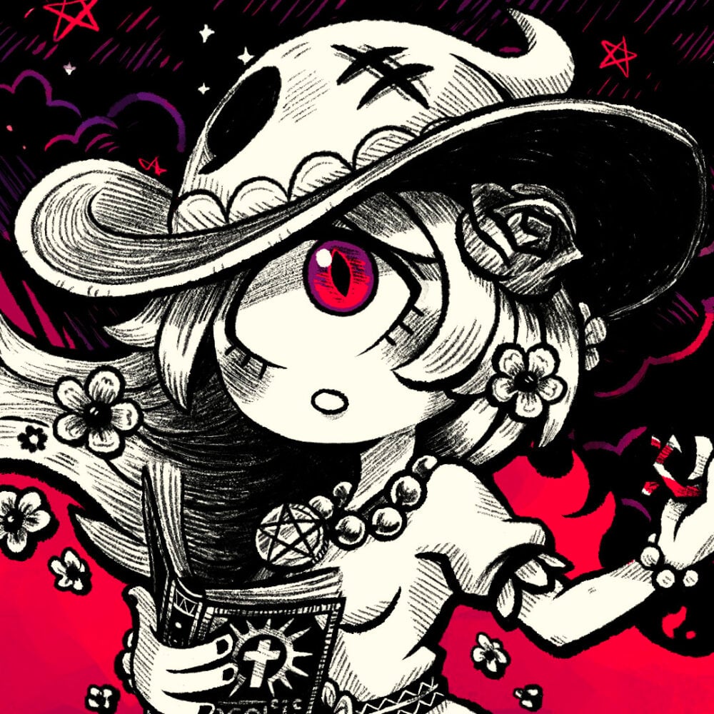 luna somnia image depicting a cyclops wearing a skull-faced hat and covered with flowers.