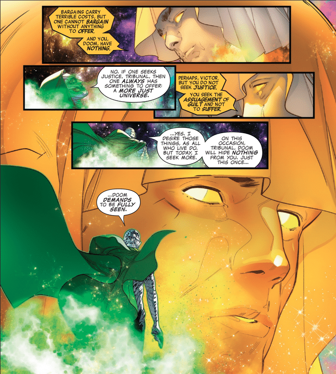 Dr. Doom bargains with the Living Tribunal in One World Under Doom #9 by Ryan North and R.B. Silva