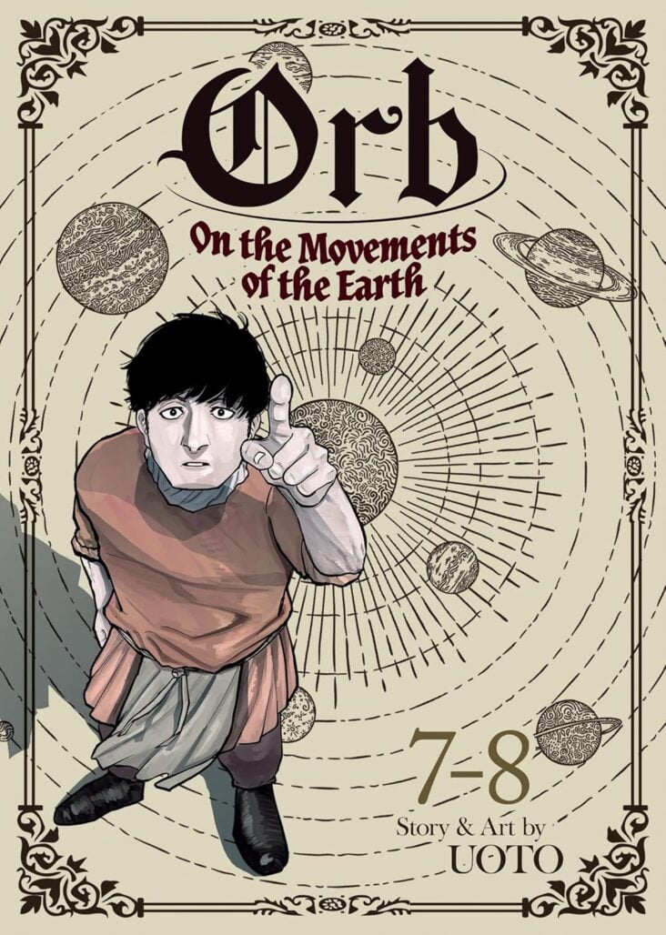 orb manga cover. a man with black hair points at the sky. behind him can be seen a heliocentric diagram.