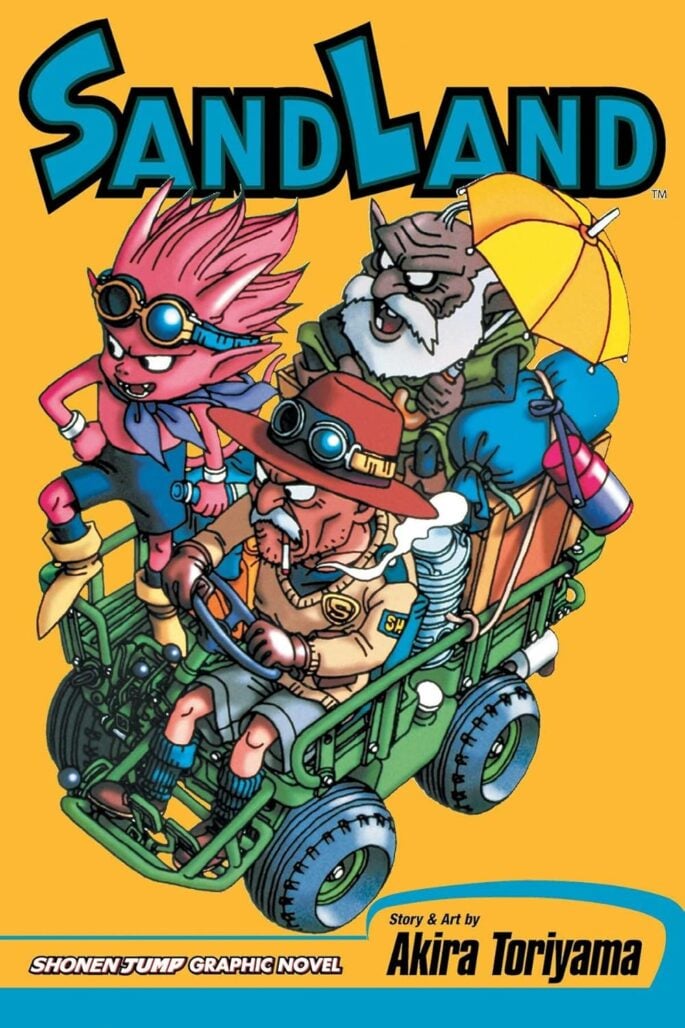 sand land cover. a pink demon and two old men ride together in a green vehicle.