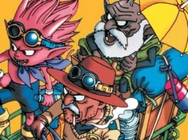 Beat’s Bizarre Adventure: Take a trip to DICK FIGHT ISLAND sand land header. a pink demon and two old men ride a vehicle.