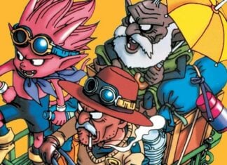 Beat’s Bizarre Adventure: Take a trip to DICK FIGHT ISLAND sand land header. a pink demon and two old men ride a vehicle.