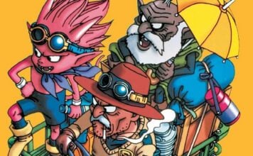 Beat’s Bizarre Adventure: Take a trip to DICK FIGHT ISLAND sand land header. a pink demon and two old men ride a vehicle.