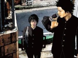 Beat’s Bizarre Adventure: SETO UTSUMI talks up a storm Cover of Seto Utsumi. Two boys wearing high school uniforms walk up stairs. The one on the left is wearing glasses, the one on the right has his hair in spikes.
