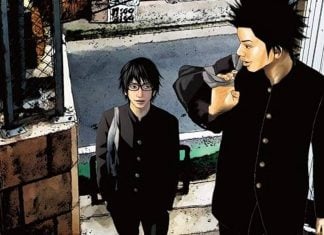 Beat’s Bizarre Adventure: SETO UTSUMI talks up a storm Cover of Seto Utsumi. Two boys wearing high school uniforms walk up stairs. The one on the left is wearing glasses, the one on the right has his hair in spikes.
