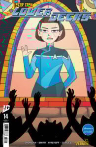 Star Trek: Lower Decks #14 cover featuring stained glass window depicting T'Lyn
