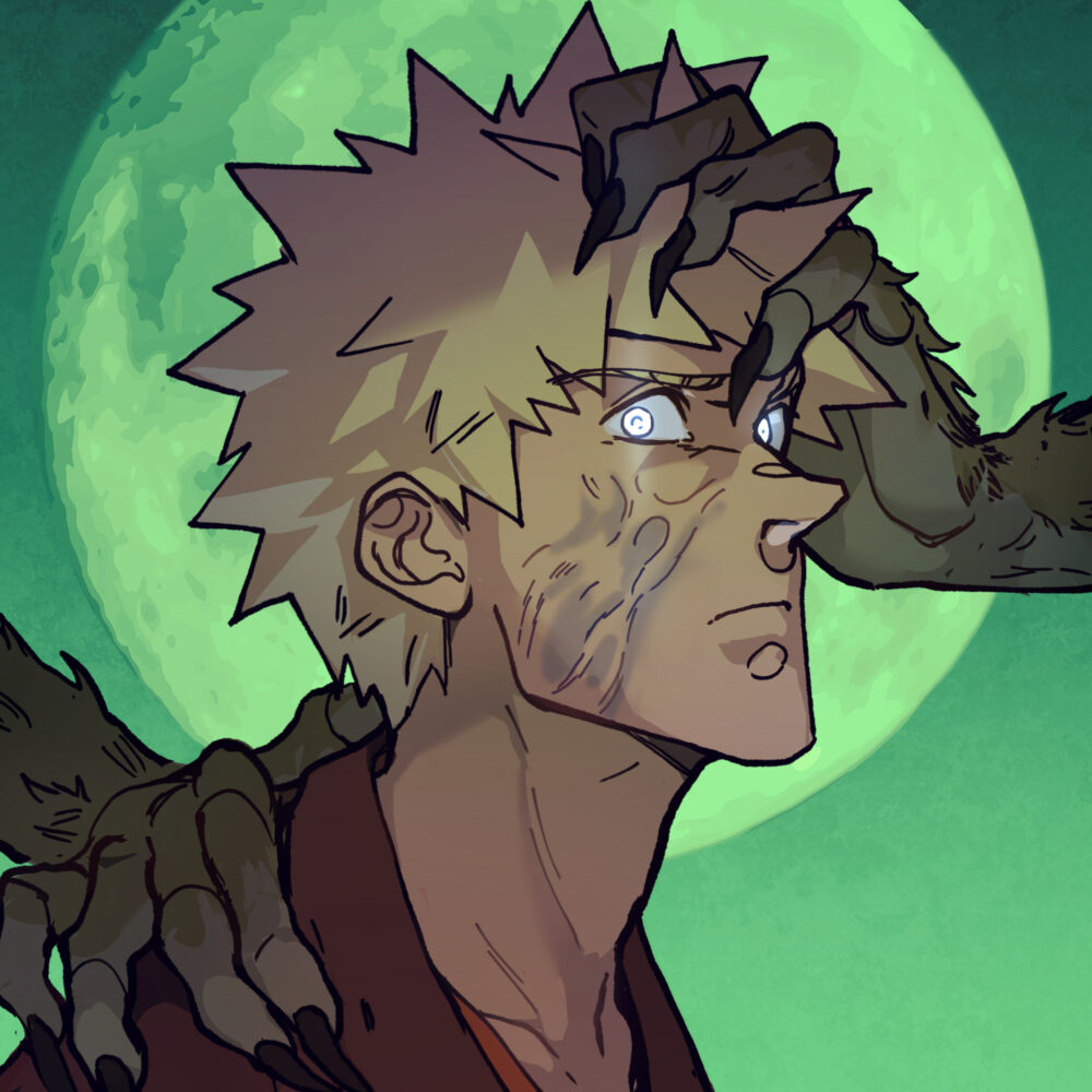 earthshine image. two furry clawed hands touch the back and head of a man with blonde hair and a scarred face.