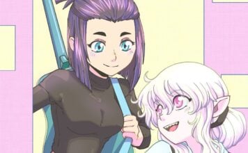 Beat’s Bizarre Adventure: FINDING MY VOICE with art two girls staand together. one of them has pointy ears and teeth as well as red eyes. the other has a blue guitar slung over her shoulder.