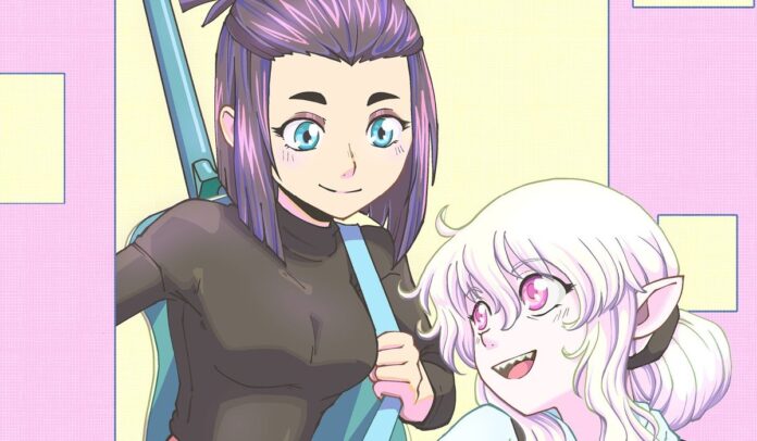 finding my voice header two girls staand together. one of them has pointy ears and teeth as well as red eyes. the other has a blue guitar slung over her shoulder.