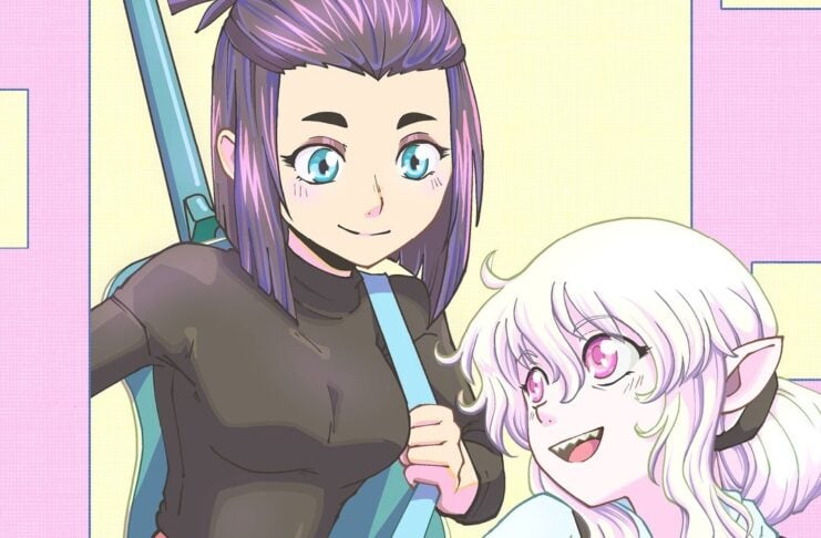 two girls staand together. one of them has pointy ears and teeth as well as red eyes. the other has a blue guitar slung over her shoulder.