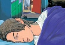 Beat’s Bizarre Adventure: HAUNTRESS will haunt your dreams hauntress header image. a young man lies his head in bed while his body rests under a purple cover. His open door can be seen in the background, with two feet stepping through.