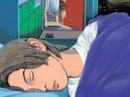 Beat’s Bizarre Adventure: HAUNTRESS will haunt your dreams hauntress header image. a young man lies his head in bed while his body rests under a purple cover. His open door can be seen in the background, with two feet stepping through.