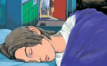 Beat’s Bizarre Adventure: HAUNTRESS will haunt your dreams hauntress header image. a young man lies his head in bed while his body rests under a purple cover. His open door can be seen in the background, with two feet stepping through.