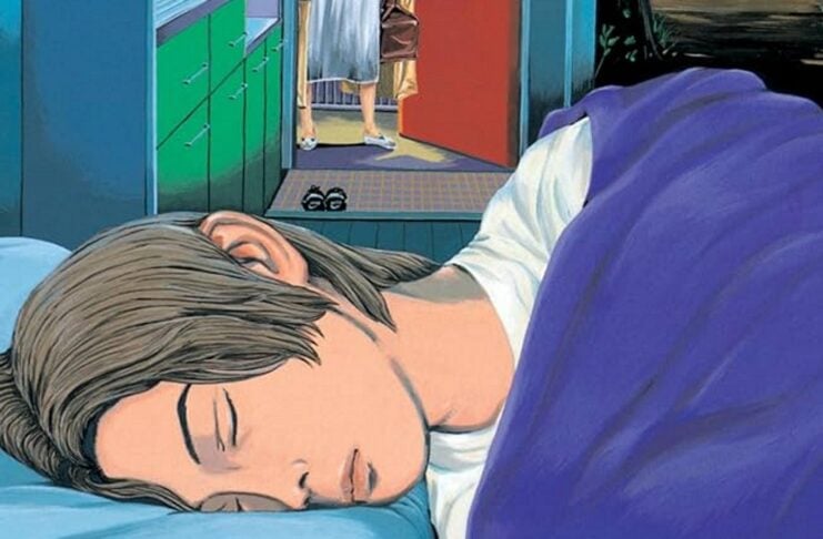 hauntress header image. a young man lies his head in bed while his body rests under a purple cover. His open door can be seen in the background, with two feet stepping through.