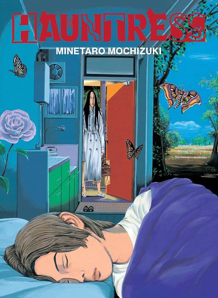 hauntress cover. a young man lies his head in bed while his body rests under a purple cover. to his right can be seen a plain dotted with trees and butterflies. to his left is a purple rose. above in the background, a woman with long hair walks through the doorway of his apartment.